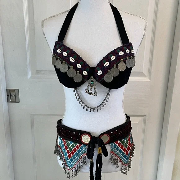 Bohemian Mirror Beaded Belt with Bells and Tassels Tribal Bellydance - Picture 8 of 9